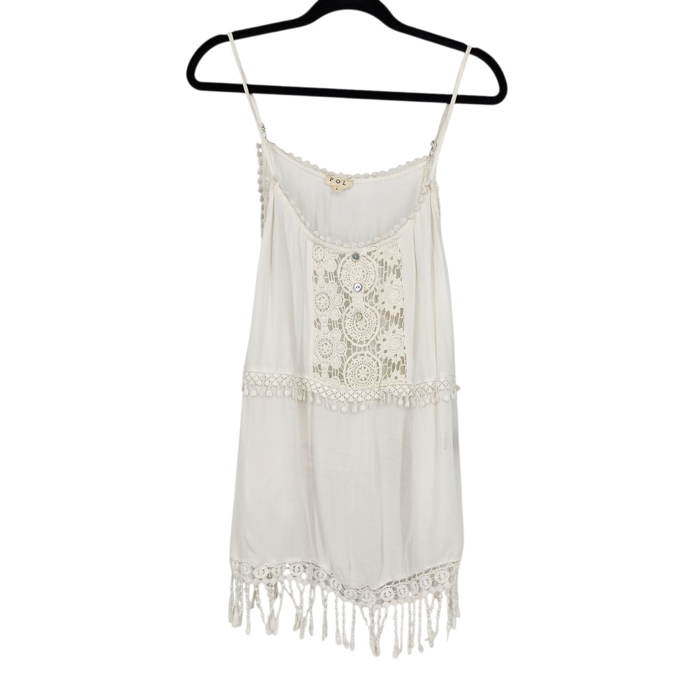 NWOT POL White Floral Crochet Lace Fringe Spaghetti Strap Tunic Tank Top Size M